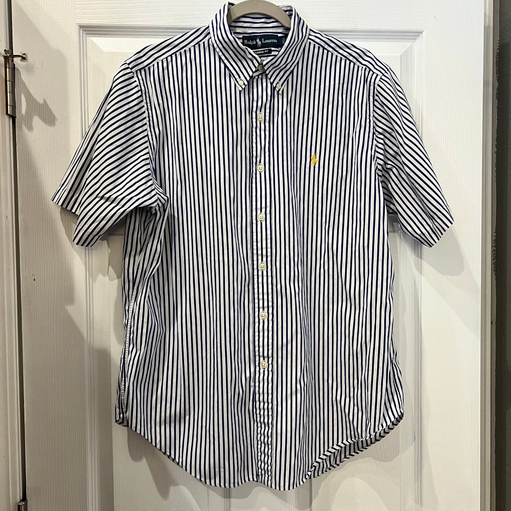 Ralph Lauren Button Down Shirt Cotton Striped Preppy Classic Large Navy White